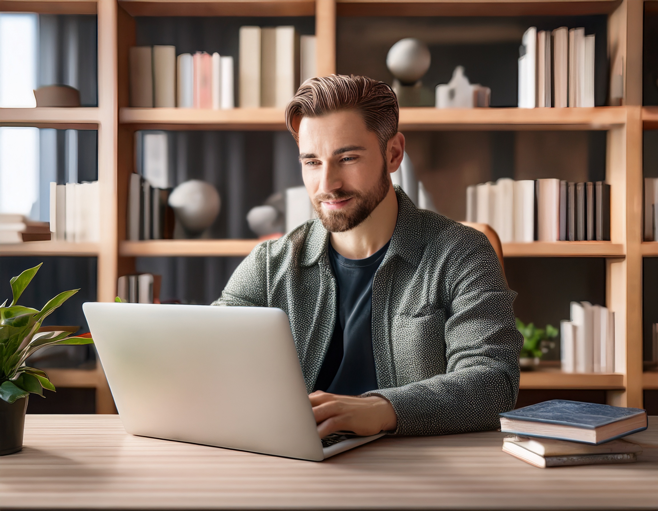Person mit freundlichem Ausdruck, lässige Kleidung, technologischer Hintergrund